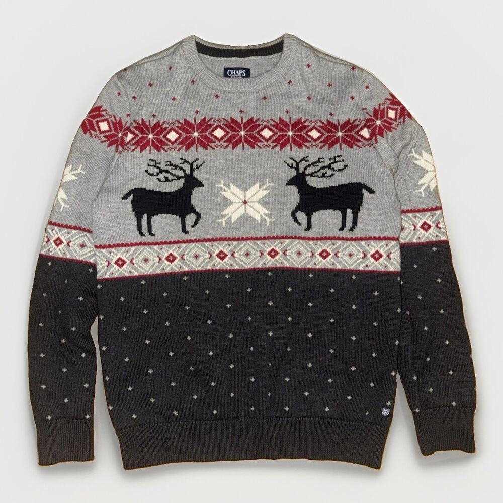 Chaps Sweater Mens XL Gray Fair Isle Reindeer Crewneck Knit Pullover 24x27